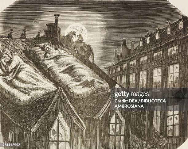 The only way to find a little peace on Christmas night, husband and wife sleeping on the roof, illustration by Gustave Dore from the Journal pour...