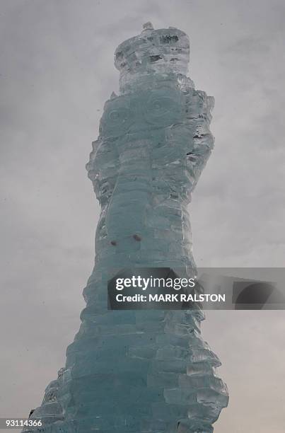 The 48 foot tall sculpture of the character "Scrat" from the movie " Ice Age: Dawn of the Dinosaurs" made by ice sculptors Kevin Roscoe and Peter...