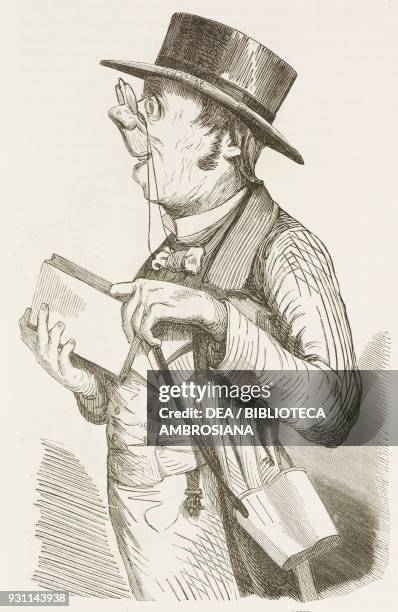 Man who plans to visit all of the Universal Exhibition in one day, the excitement of the morning, Paris, France, illustration from the Journal pour...