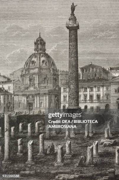 Trajan's Column and Ulpiana Basilica, Rome, Italy, drawing by Hercule Catenacci from Rome, 1864-1868, by Francesco Wey , from Il Giro del mondo ,...