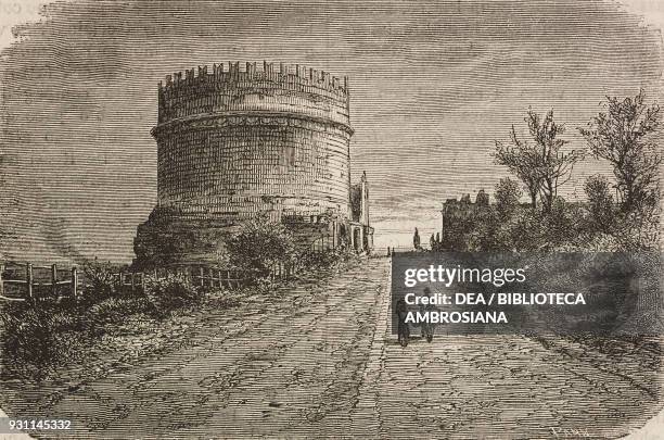 Mausoleum of Cecilia Metella, Appian Way, Rome, Italy, drawing by Auguste Anastasi from Rome, 1864-1868, by Francesco Wey , from Il Giro del mondo ,...