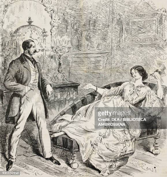 Viscount Gogo and Lorette, a woman on a chaise longue, illustration from the Journal pour rire, Journal Amusant, No 125, May 22, 1858.