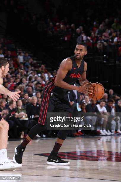 Maurice Harkless of the Portland Trail Blazers handles the ball against the Miami Heat on March 12, 2018 at the Moda Center in Portland, Oregon. NOTE...