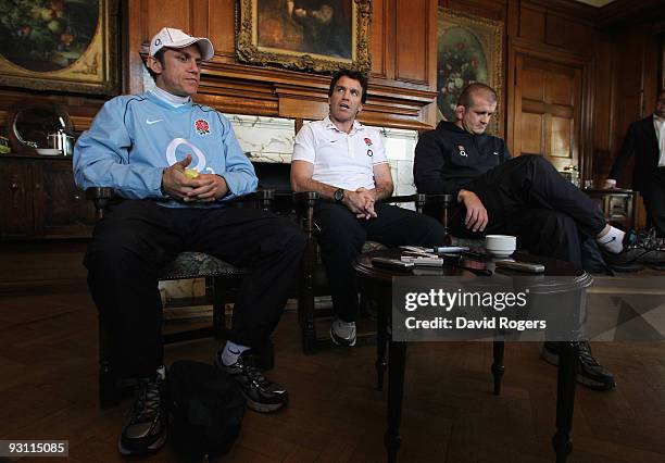 England assistant coaches Brian Smith, Mike Ford and Graham Rowntree faces the media during the England press conference held at Pennyhill Park on...