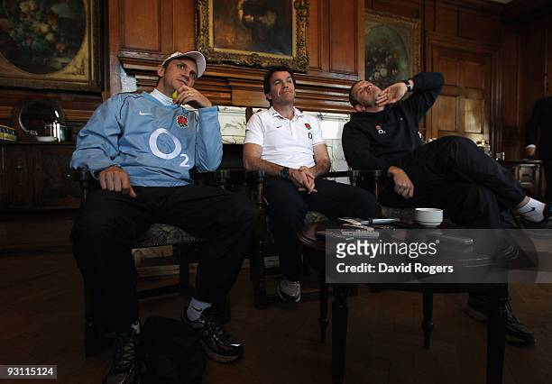 England assistant coaches Brian Smith, Mike Ford and Graham Rowntree faces the media during the England press conference held at Pennyhill Park on...