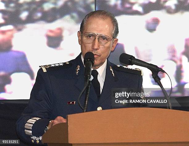 Mexican General Ricardo Vega speaks during the presentation of Mexican President-elect Vicente Fox's cabinet in Mexico City 27 November 2000. Vega...