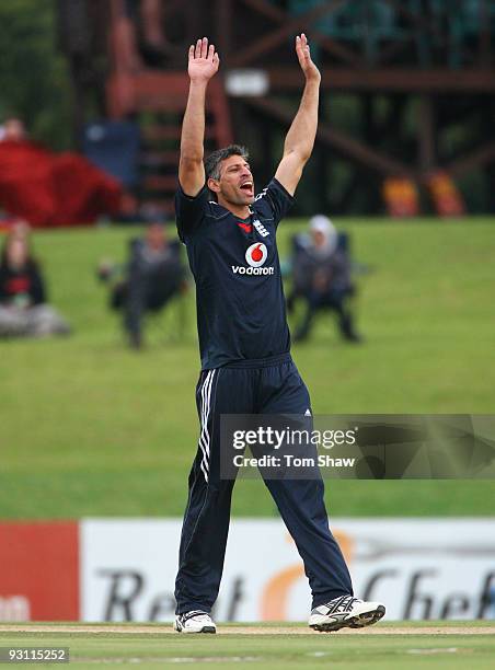 Sajid Mahmood of England celebrates taking taking the wicket or Rory Kleinveldt of South Africa during the One Day Tour Match between South Africa A...