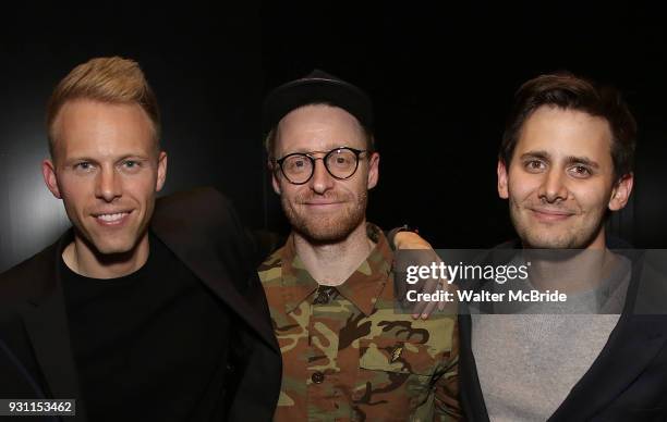 Justin Paul, Matt Gould and Benj Pasek attend The Dramatists Guild Foundation Salon with Matt Gould on March 12, 2018 at StellarTower in New York...