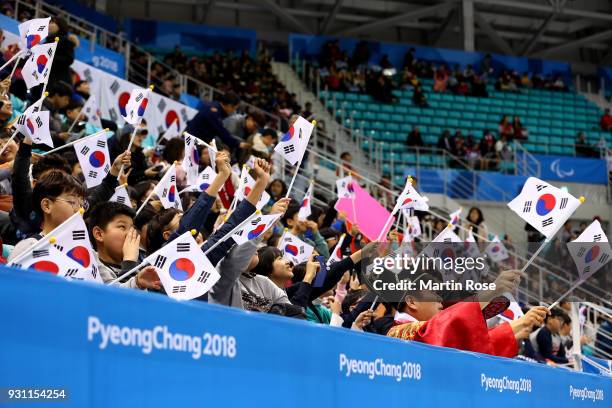 Supporters cheer in the Ice Hockey Preliminary Round - Group B game between United States and Korea during day four of the PyeongChang 2018...