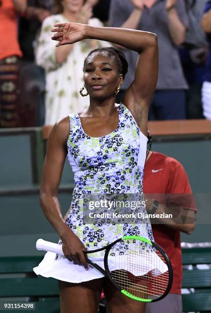 Venus Williams of United States celebrates her win over he sister Serena Williams during Day 8 of BNP Paribas Open on March 12, 2018 in Indian Wells,...