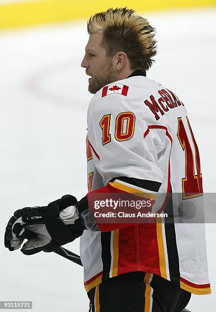 Brian McGratton of the Calgary Flames skates in the pre game warm-up prior to a game against the Toronto Maple Leafs on November 14,2009 at the Air...