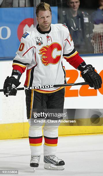 Brian McGratton of the Calgary Flames skates in the pre game warm-up prior to a game against the Toronto Maple Leafs on November 14,2009 at the Air...