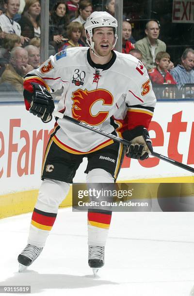 Brandon Prust of the Calgary Flames skates in a game against the Toronto Maple Leafs on November 14,2009 at the Air Canada Centre in Toronto,...