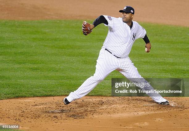 Sabathia of the New York Yankees pitches against the Philadelphia Phillies in Game One of the 2009 World Series during the 2009 MLB Playoffs at...