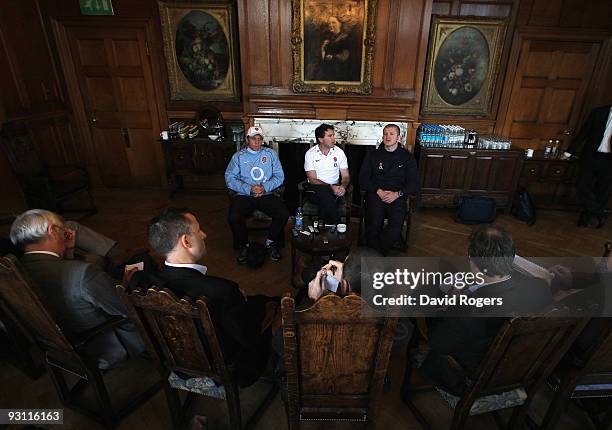 England assistant coaches Brian Smith, Mike Ford and Graham Rowntree face the media during the England press conference held at Pennyhill Park on...