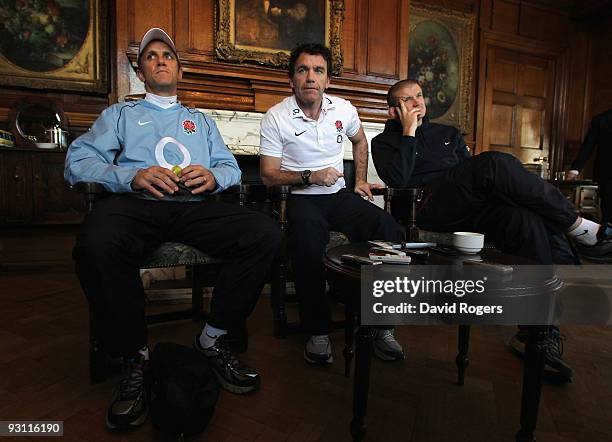 England assistant coaches Brian Smith, Mike Ford and Graham Rowntree face the media during the England press conference held at Pennyhill Park on...