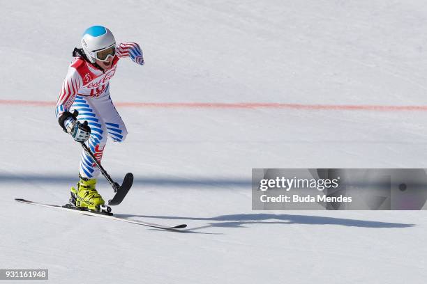 Stephanie Jallen of the United States competes in the Women's Super Combined, Standing Alpine Skiing event at Jeongseon Alpine Centre during day four...