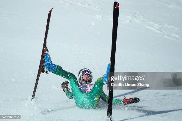 Jonty O'callaghan of Australia is fall down during in the Alpine Skiing - Men's Super-G, Standing at the Jeongseon Alpine Centre during day four of...