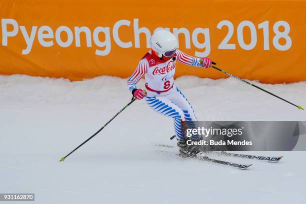 Danelle Umstead of the United States competes in the Women's Super Combined, Visually Impaired Alpine Skiing event at Jeongseon Alpine Centre during...