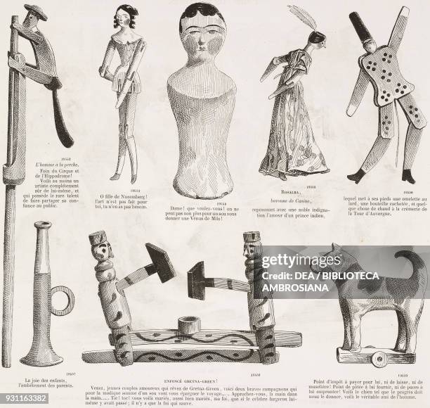 Man on pole, jointed doll, doll bust, jointed doll with clothes, puppet, trumpet, wooden hammers, dog on wheels, illustration by Gilbert Randon from...