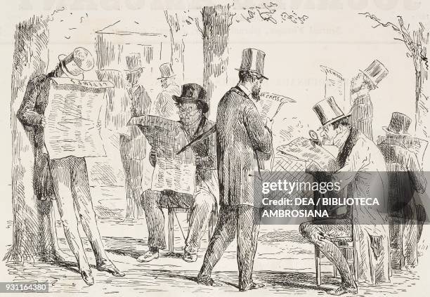 Readers of newspapers under chestnut trees in the Tuileries garden, Paris, France, illustration by Henri-Alfred Darjou from the Journal pour rire,...