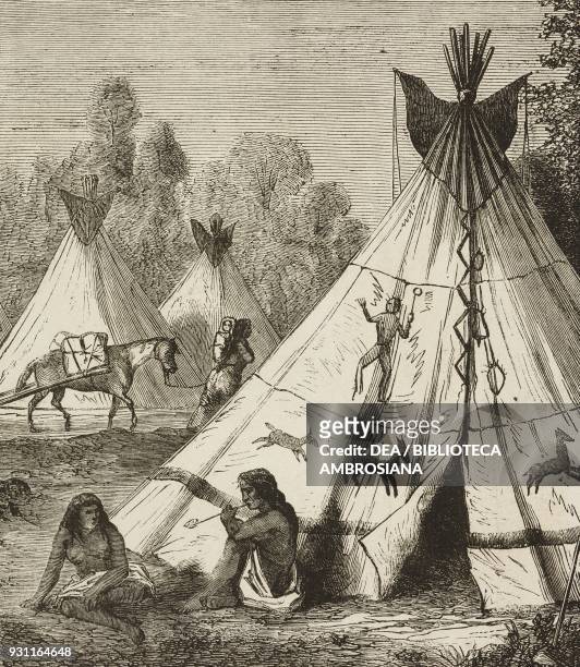 Comanche Indian camp, Native Americans, drawing from Travels in the southern provinces of India, 1862-1864, by Alfred Grandidier , from Il Giro del...