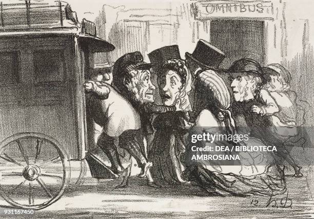 Passengers flocking to get on an omnibus, Paris, France, illustration by Honore Daumier from the Journal Amusant, No 475, February 4, 1865.