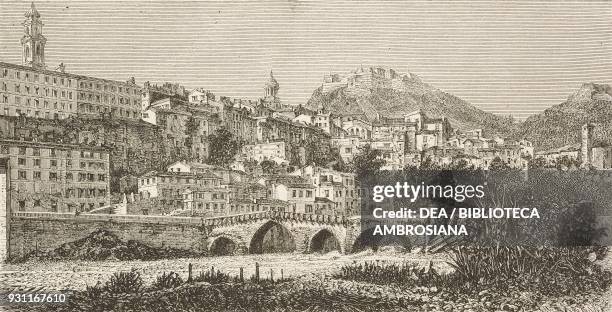 View of Ventimiglia, Italy, drawing by Hubert Clerget from a photograph, from Mentone and Bordighera by Adolphe Joanne , from Il Giro del mondo ,...