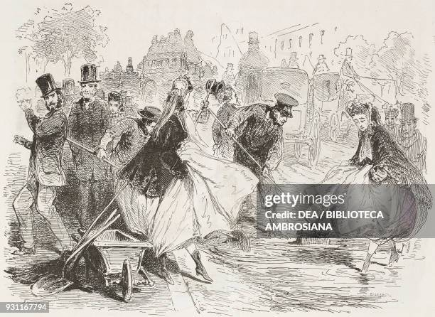 Parisian street cleaners, France, illustration by Stop from the Journal Amusant, No 483, April 1, 1865.