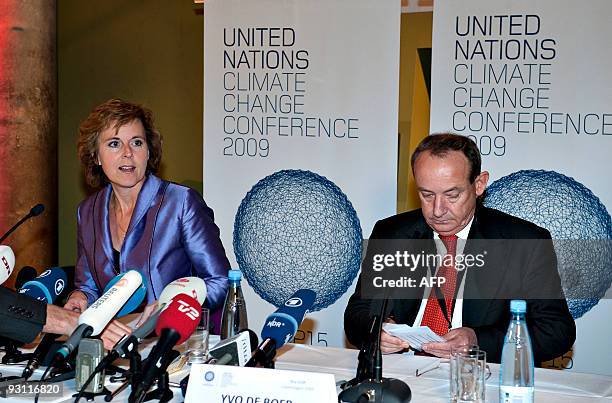 Danish Climate Minister Connie Hedegaard and Executive Secretary of the United Nations Framework Convention on Climate Change Yvo de Boer attend a...