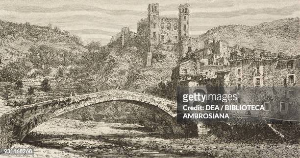 View of Dolceacqua, Italy, drawing by Hubert Clerget from a photograph, from Mentone and Bordighera by Adolphe Joanne , from Il Giro del mondo ,...