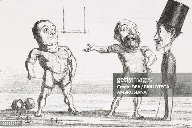 The regeneration of man through gymnastics: 'This man was even thinner than you and look what I made of him in six months', illustration by Honore...