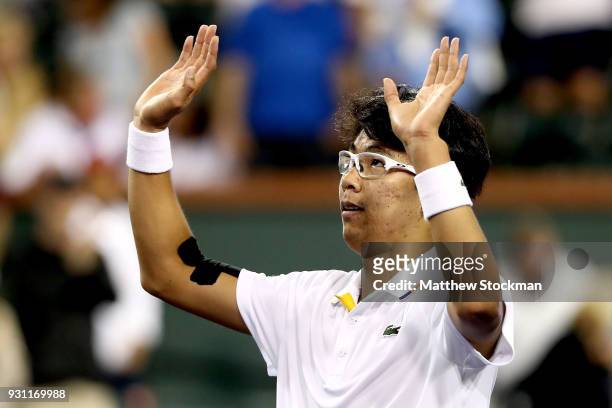 Hyeon Chung of Korea celebrates his win over Tomas Berdych of Czech Republic during the BNP Paribas Open at the Indian Wells Tennis Garden on March...