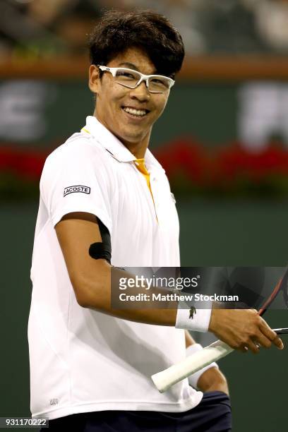 Hyeon Chung of Korea celebrates his win over Tomas Berdych of Czech Republic during the BNP Paribas Open at the Indian Wells Tennis Garden on March...