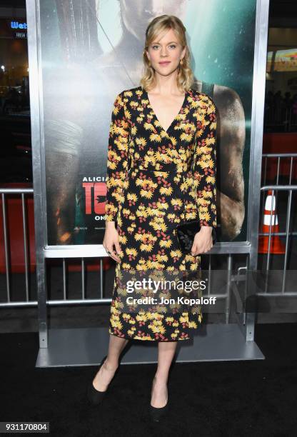 Georgia King attends the Los Angeles Premiere "Tomb Raider" at TCL Chinese Theatre IMAX on March 12, 2018 in Hollywood, California.