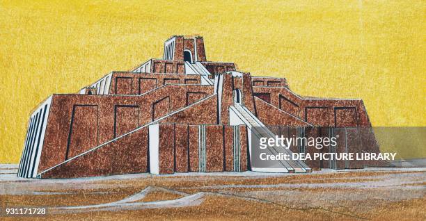 The ziggurat of Ur, drawing, Iraq, Mesopotamian civilization.