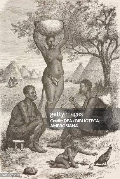 Bongo women, drawing by Frederic Laguillermie from a sketch by Schweinfurth, from Heart of Africa: Three years' travels and adventures in the...