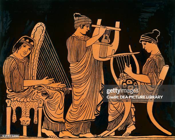 Trigonon, Vhitara and Lyre players, drawing, Greece, Greek civilization.
