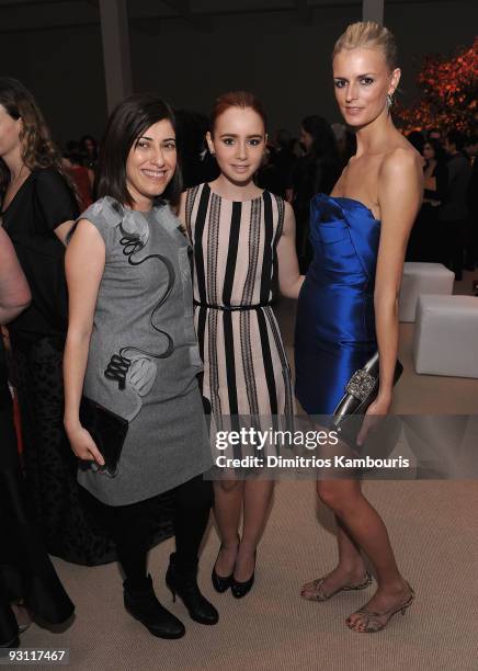 Designer Behnaz Sarafpour, actress Lily Collins and model Jaquetta Wheeler attend The CFDA/Vogue Fashion Fund Awards at Skylight Studio on November...