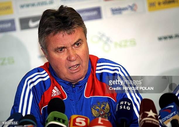 Russia�s national soccer team coach Guus Hiddink talks during a press conference before his team�s training session in Maribor, some 150 kilometers...