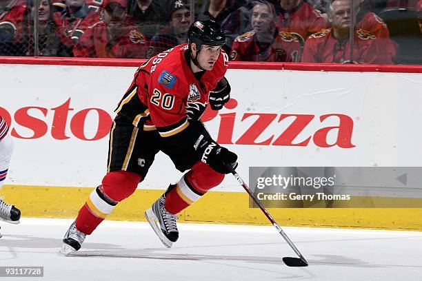 Curtis Glencross of the Calgary Flames skates against the New York Rangers on November 7, 2009 at Pengrowth Saddledome in Calgary, Alberta,...