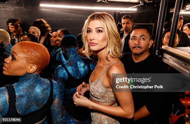 Hailey Baldwin backstage during the 2018 iHeartRadio Music Awards which broadcasted live on TBS, TNT, and truTV at The Forum on March 11, 2018 in...