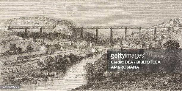 The Crumlin viaduct, United Kingdom, drawing by Jean-Baptiste Henri Durand-Brager from A visit to the great workshops of Wales by Louis Laurent...