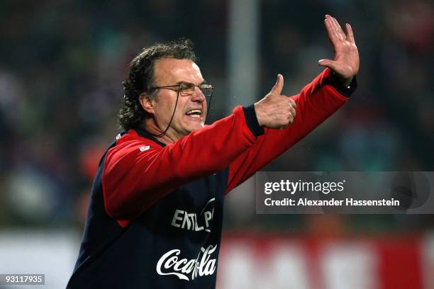 Marcelo Bielsa, head coach of Chile reacts during the international friendly match between Slovakia and Chile at the MSK Zilina stadium on November...