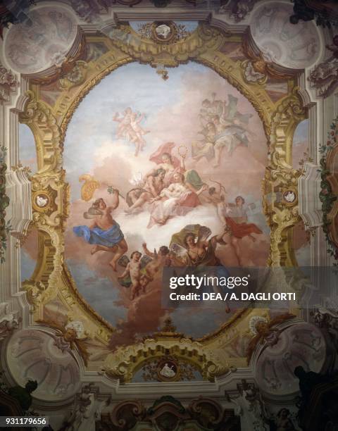 Marriage of Bacchus and Ariadne fresco by Jacopo Guarana , ceiling of the Sala Bacchus Room, Villa Pisani, Stra, Veneto. Italy, 18th century.