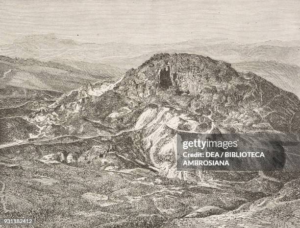 Csetatye goldmines, Romania, drawing by Thomas Taylor from a photograph by Veress, from The mining regions of western Transylvania by Jacques Elisee...