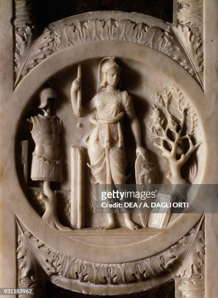Minerva, decorative detail from the portal of Isabella d'Este's studiolo, by Gian Cristoforo Romano , Palazzo Ducale , Mantua, Lombardy. Italy, 16th...