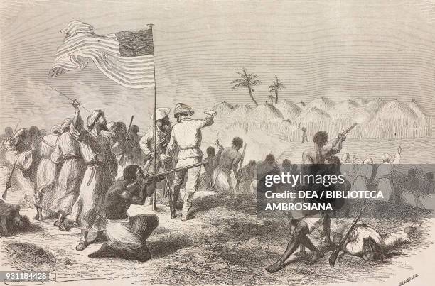 Stanley's attack on Zimbizo, Tanzania, drawing by Emile Antoine Bayard from How I found Livingstone, 1871-1872, by Henry Morton Stanley , from Il...