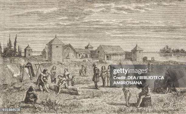 Fort Yukon of the Hudson's Bay Company, Canada, drawing by Yan' Dargent from Travel and adventures in British Columbia, Vancouver island and Alaska,...