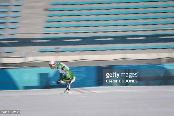 Dzmitry Loban of Belarus competes during the Men's 12.5km Sitting biathlon event at the Alpensia Biathlon Centre of the Pyeongchang Winter Paralympic...